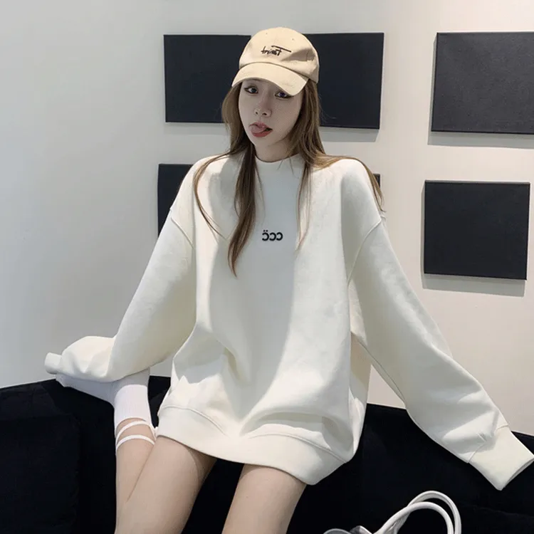 白色无帽卫衣女秋冬季新款韩版宽松时尚休闲慵懒风百搭中长款上衣