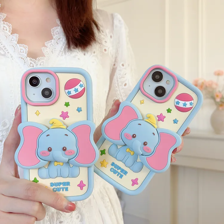 适用苹果华为|小飞象支架可爱卡通iPhone17全包女款软硅胶手机壳