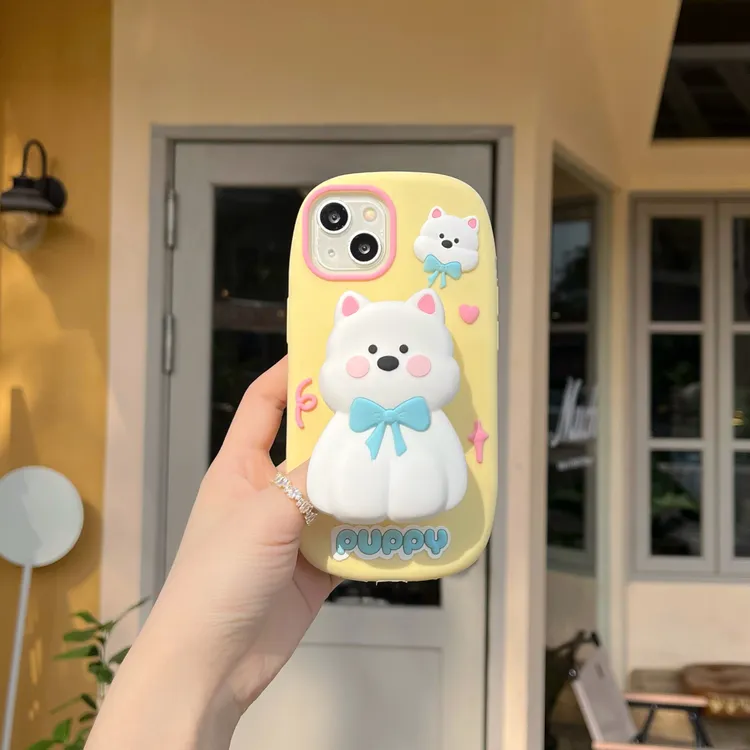 (苹果)西高地小狗支架可爱创意适用iPhone15立体卡通硅胶手机壳