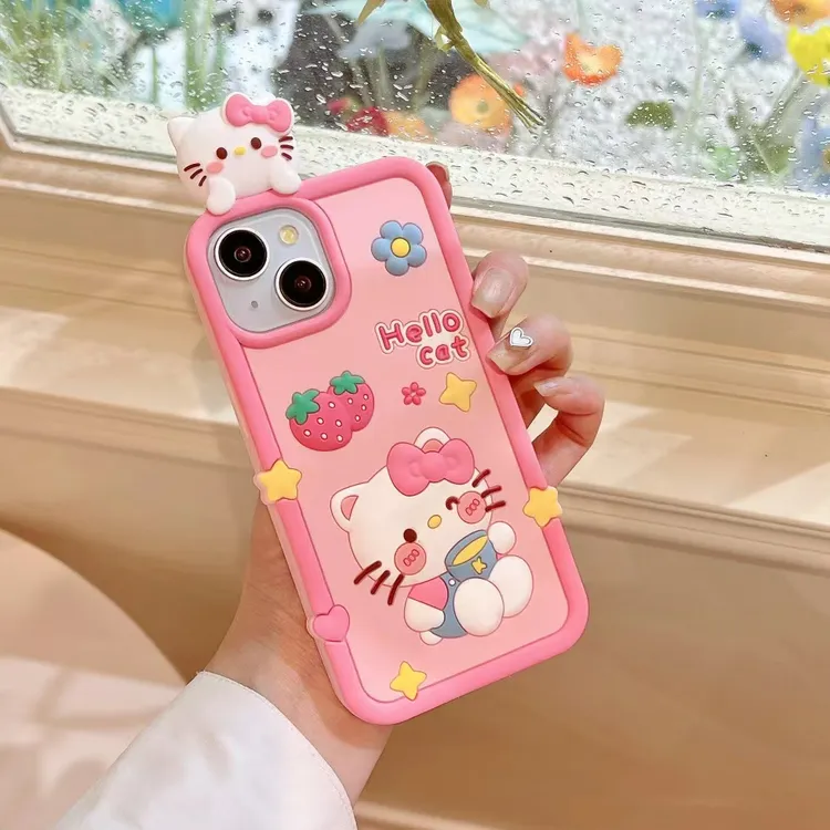 (苹果)趴趴哈喽kitty卡通可爱适用iPhone15少女款立体硅胶手机壳