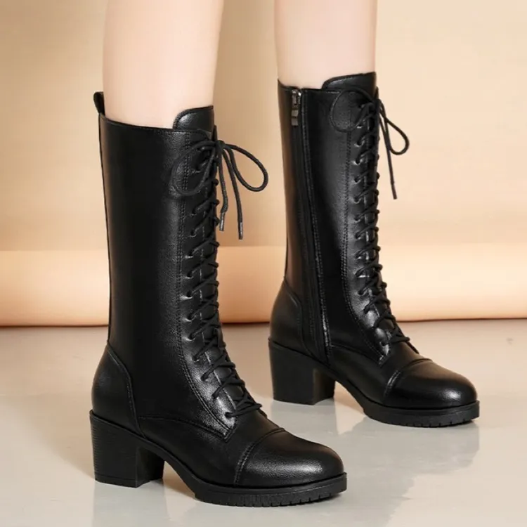 爆款真软皮百搭粗跟软底中筒女靴秋冬季加绒高跟马丁靴厚底女皮鞋