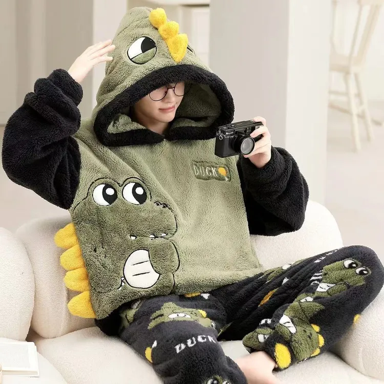 珊瑚绒睡衣男冬季加厚青少年大童学生卡通法兰绒加大码家居服套装