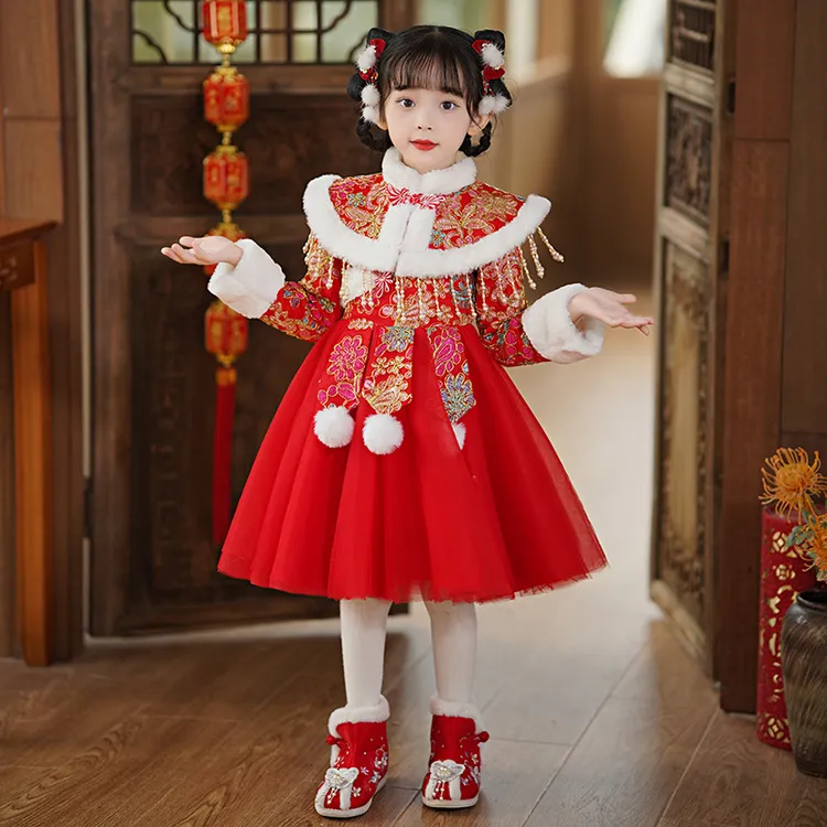 女童拜年服冬季加绒中国风洋气汉服唐装儿童宝宝过年喜庆表演裙子