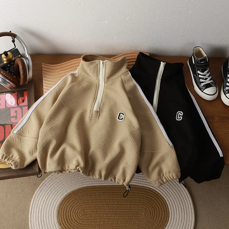 秋冬新款儿童卫衣男童拉链卫衣抽绳立领宝宝宽松纯色针织上衣提花