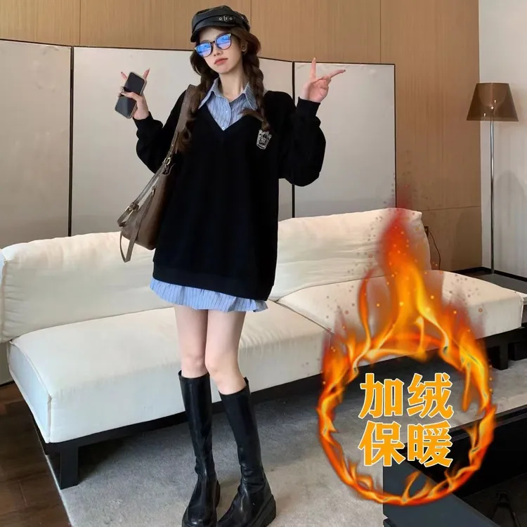 加大300斤可穿胖妹妹显瘦宽松卫衣学院风衬衫拼接上衣秋冬设计感