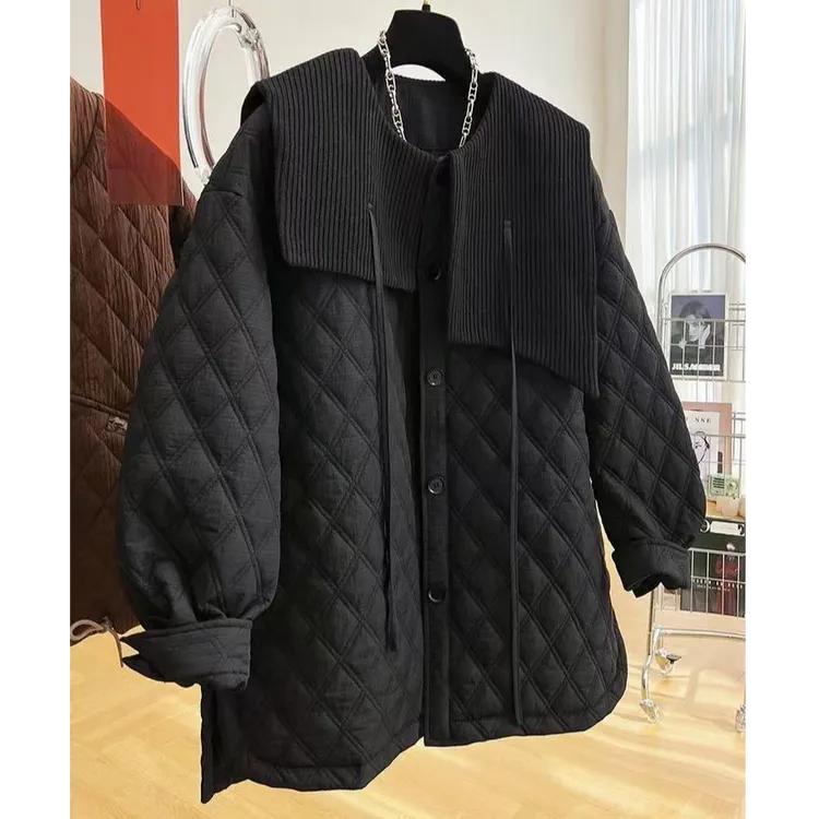 加大300斤可穿 不规则大翻领菱格棉衣秋冬中长薄款棉衣