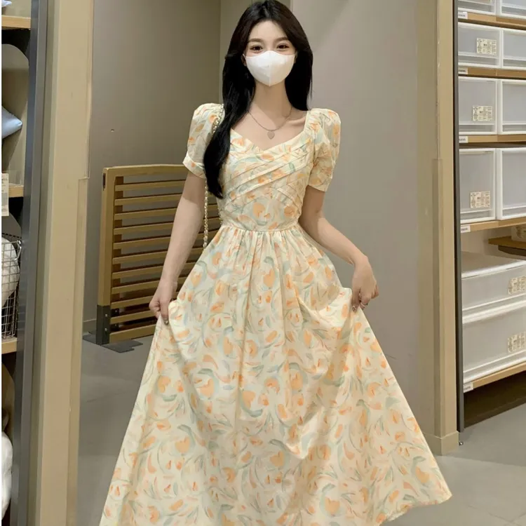 加大300斤可穿 【520礼物】甜美油画风碎花连衣裙女显瘦仙女长裙