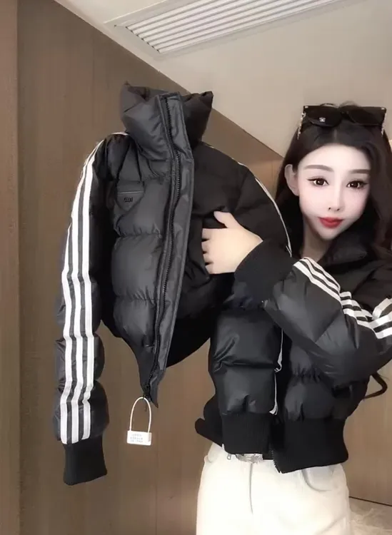 美式立领三条杠短款棉服女2024冬季新款休闲时尚百搭保暖外套