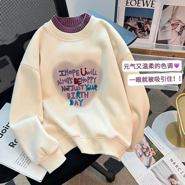 女童秋冬卫衣2025新款休闲女孩一体绒半高领秋装百搭加绒宽松上衣
