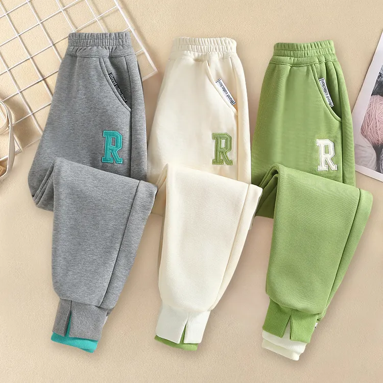 爆款春秋2025男童洋气加厚运动卫裤12岁一体绒白色加绒加厚休闲裤