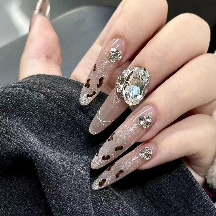 纯手工穿戴甲【初秋落枫豹纹闪钻线条星空高级气质纯欲风仙女美甲】