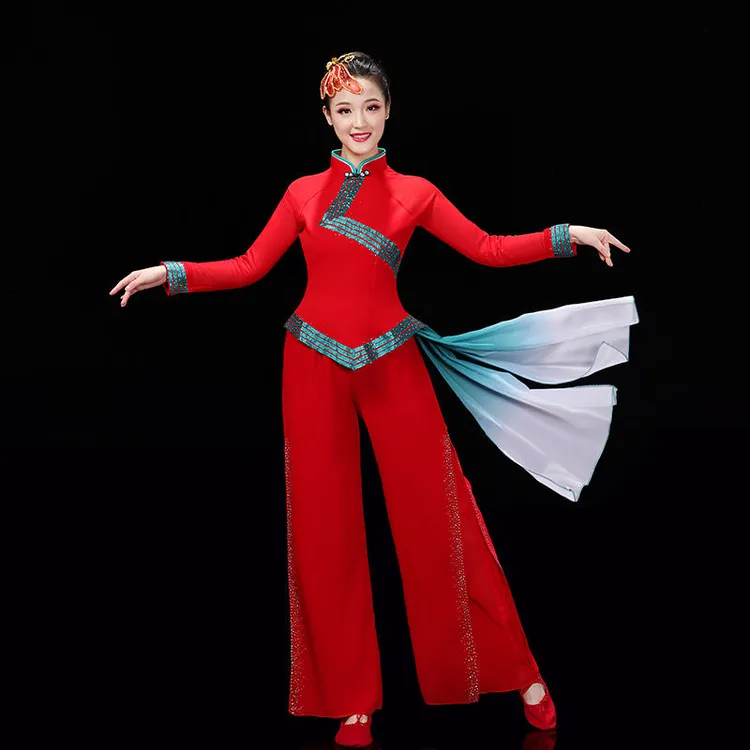 新款蓝白渐变飘带鼓服中国风舞蹈服演出服扇子舞表演服装