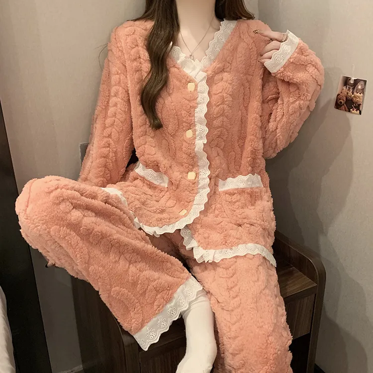 法兰绒开衫睡衣套装女秋冬季2024新款甜美花边虾红色长毛绒家居服