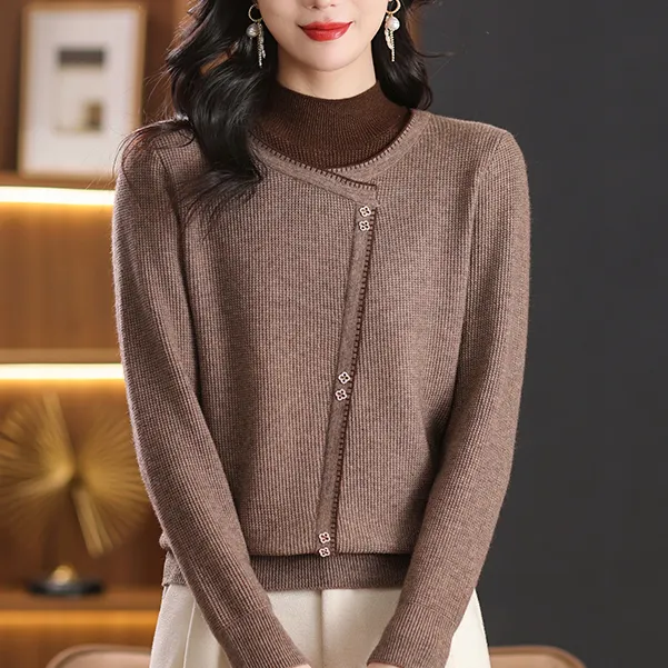 秋冬洋气假两件半高领长袖高档短款修身毛衣宽松显瘦百搭上衣时尚