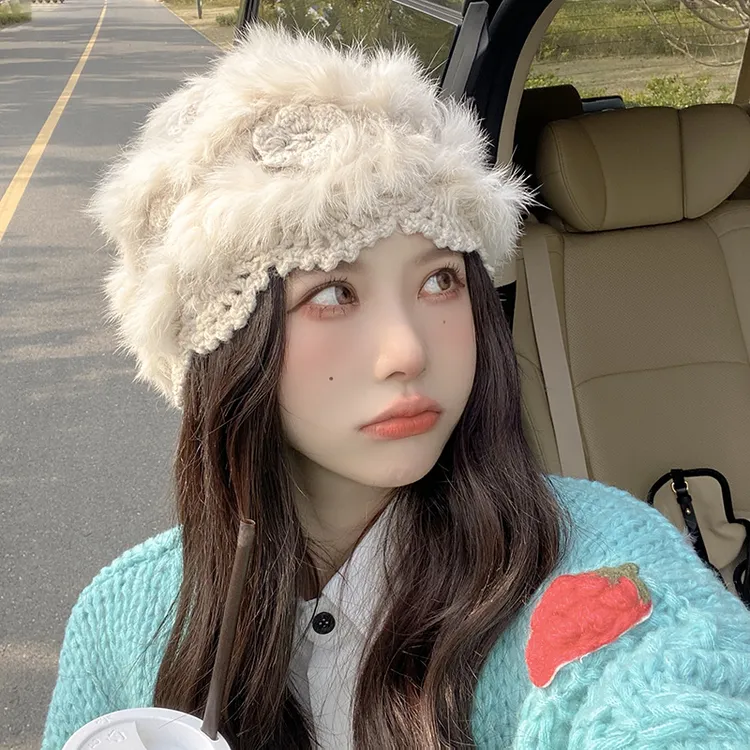 2024新款兔毛帽子女秋冬季川西旅游拍照百搭保暖时尚冷帽针织帽潮