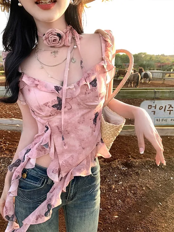 短款粉色v领木耳边小吊带背心女夏季法式性感辣妹气质上衣