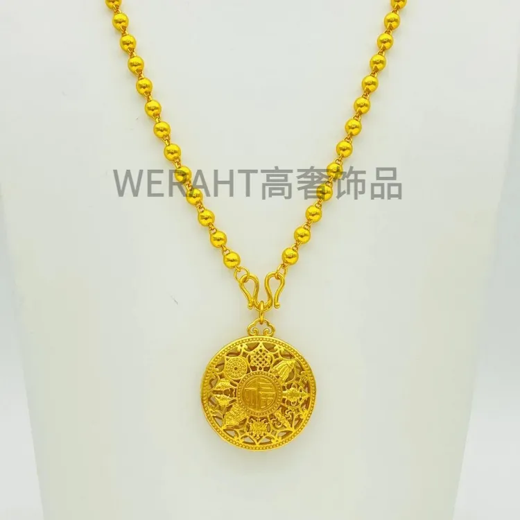 铜合金项链 精工卡5珠珠配福字罗盘项链时尚轻奢百搭复古金色坠链