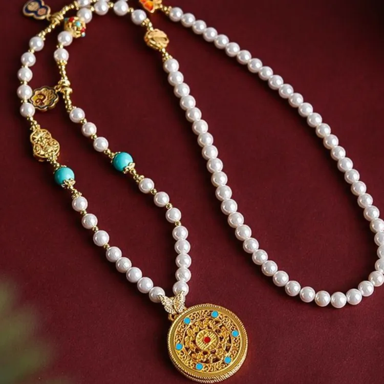 仿珍珠项链古法花丝蝴蝶八宝罗盘新中式五福圆满饰品时手工