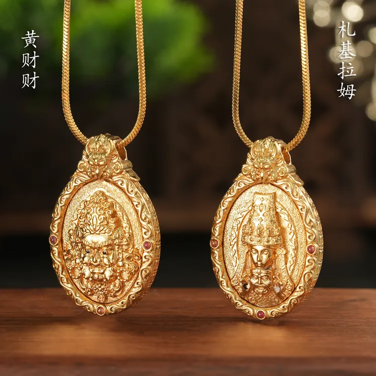 钛钢项链 【原创】古法工艺电镀18K金色黄财神扎基拉姆像吊坠民族风