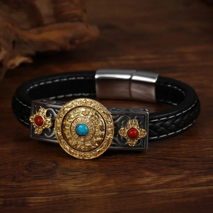 钛钢皮质手链 九宫八卦生肖旋转十字杵手环真皮手链百搭多层镶嵌