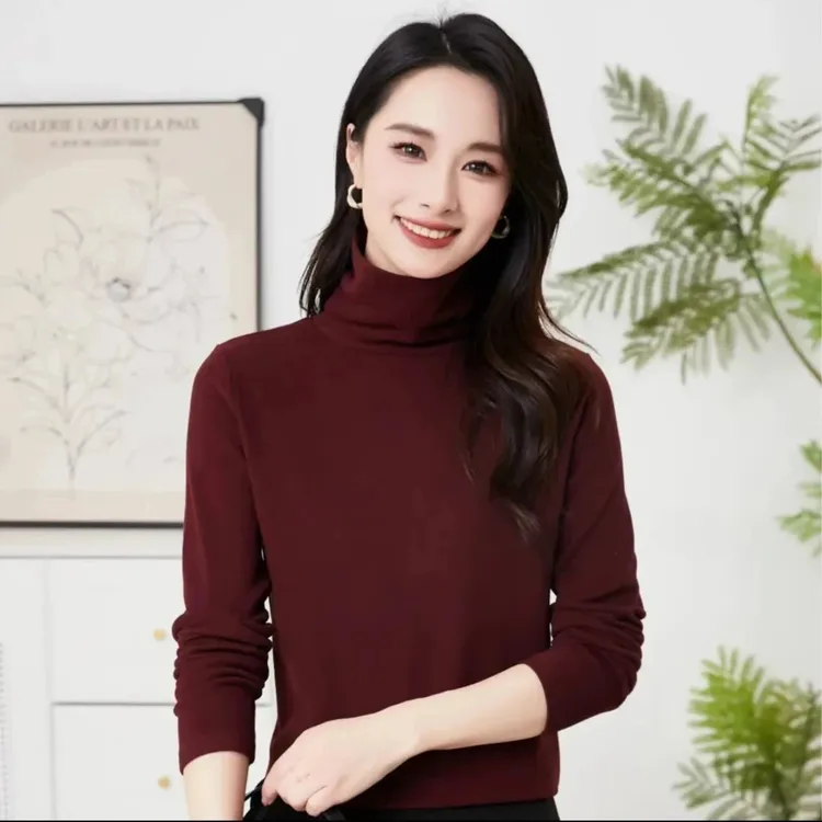 【爆款推荐】双面德绒堆堆领女士打底衫内搭修身显瘦t恤高领长袖