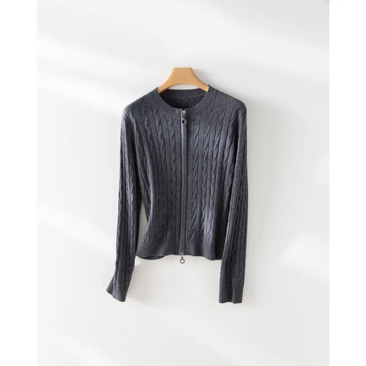 RQ2468新款法式复古绞花双拉链开衫