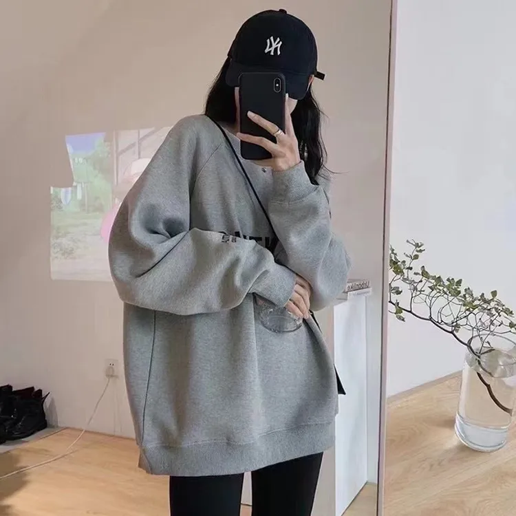 芊芊芙美式慵懒中长款遮屁股灰色无帽卫衣女春秋2025新款爆款欧货