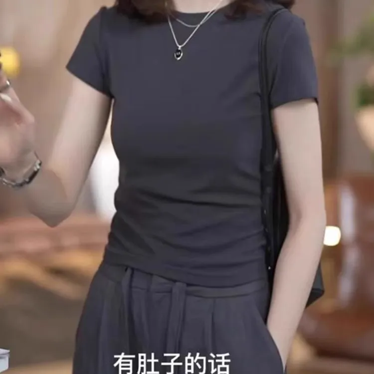 芊芊芙灰色纯棉正肩短袖t恤女2025夏季新款纯色修身显瘦短款上衣