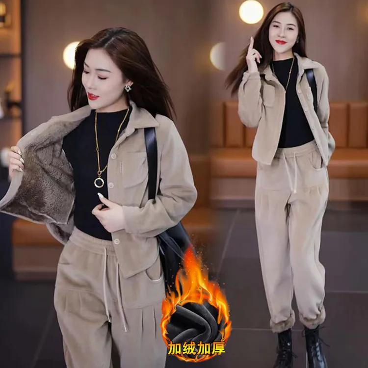 秋冬套装女2025新款时尚洋气显瘦保暖加绒加厚短外套休闲裤两件套