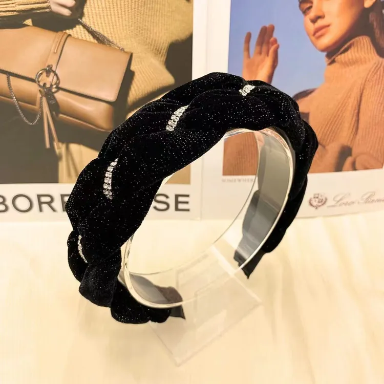 秋冬简约气质高颅顶百搭复古网红轻奢时尚黑色编织丝绒宽边发箍