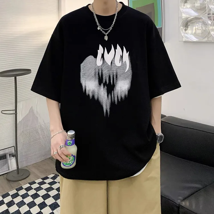 短袖t恤男纯棉宽松印花T恤2024年夏季新款圆领上衣服