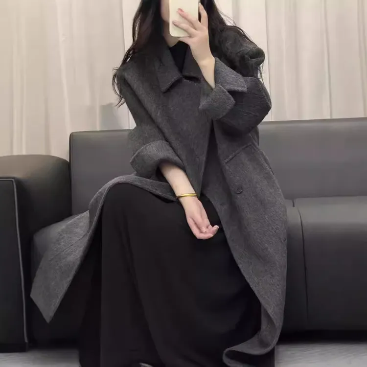 双面羊毛大衣长款风衣H版型大口袋加厚保暖长毛羊绒风衣外套女