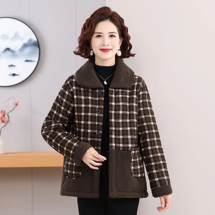 妈妈冬装外套中老年人加绒格子加厚女装时尚棉服棉衣时尚小装棉袄