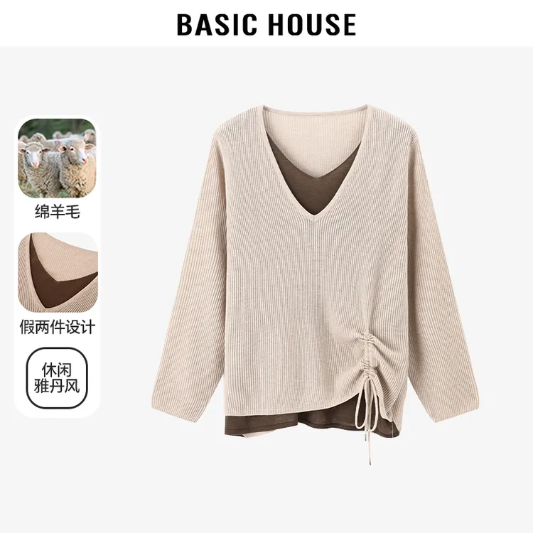 Basic House/百家好秋季新款绵羊毛假两件气质针织衫-B0624S5F602