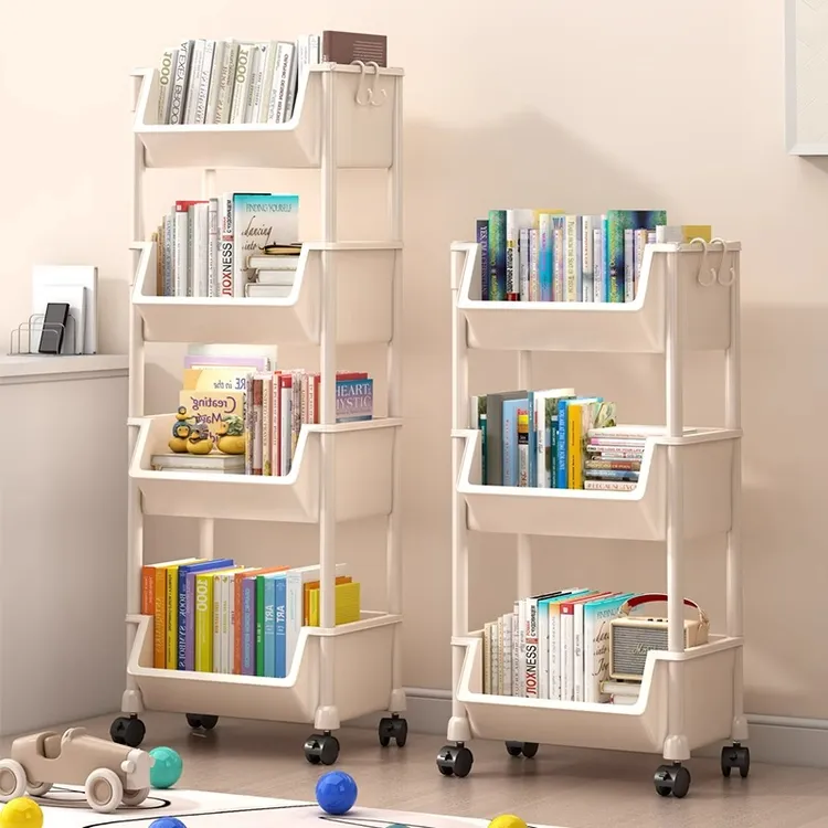 新款书柜书架多层加高置物架带轮可移动推车收纳架夹缝多用置物架