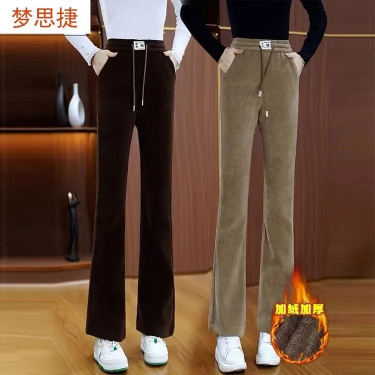 2024秋冬新款雪尼尔高腰加厚羊羔绒微喇叭裤松紧休闲加绒保暖显瘦