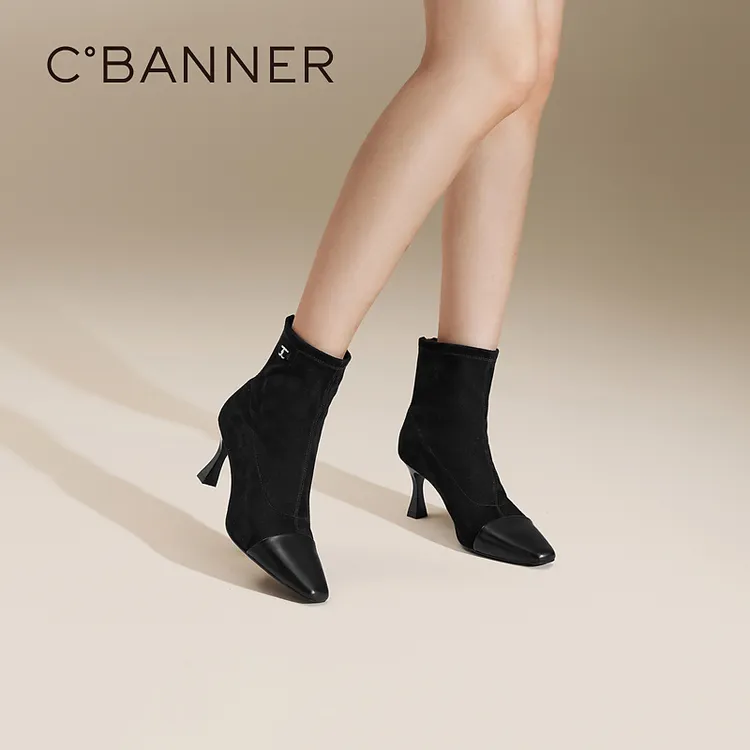 千百度 24年秋冬季时尚瘦瘦靴细跟尖头短靴弹力靴/袜靴A24577243