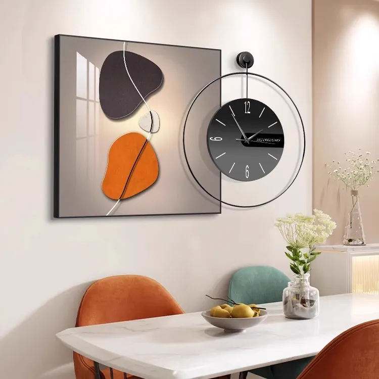 现代轻奢餐厅装饰画带时钟饭厅餐桌背景墙壁画静音钟表挂画客厅