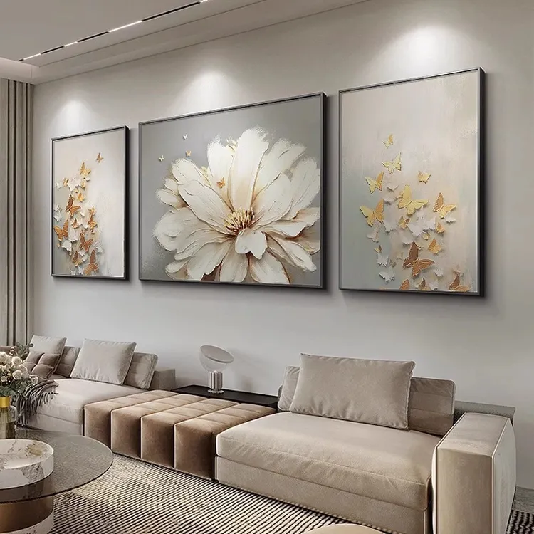 高级感客厅挂画抽象花卉奶油风沙发背景墙装饰画三联画新款壁画