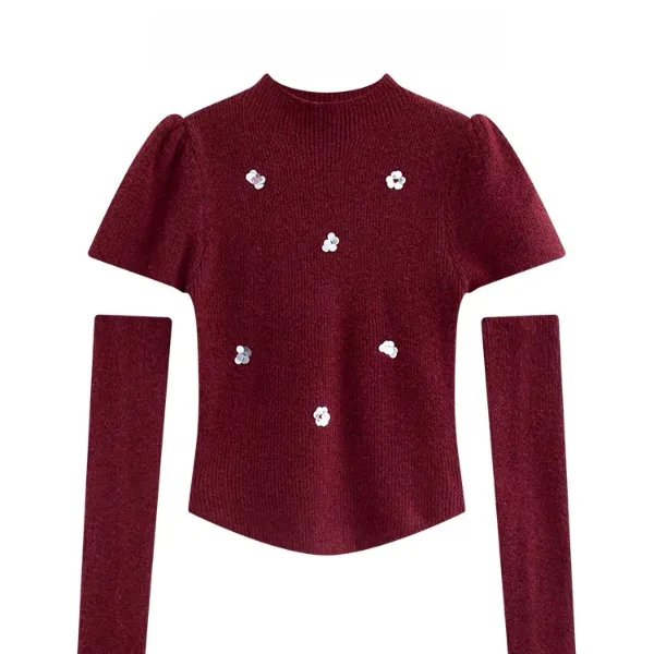 法式气质泡泡袖袖套毛衣女2024秋冬新款设计感小众修身上衣针织衫