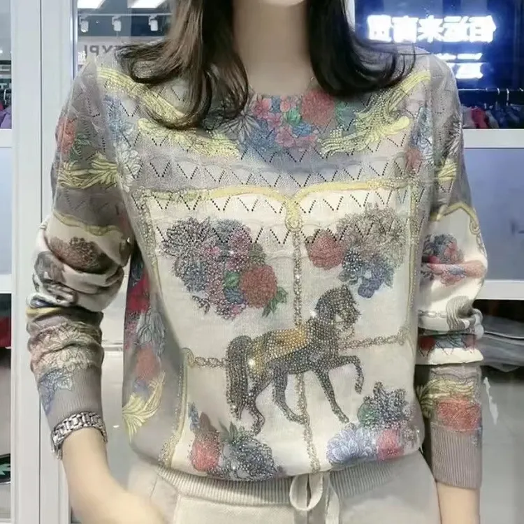秋季新款烫钻印花针织衫宽松显瘦洋气百搭气质减龄打底衫中年女装