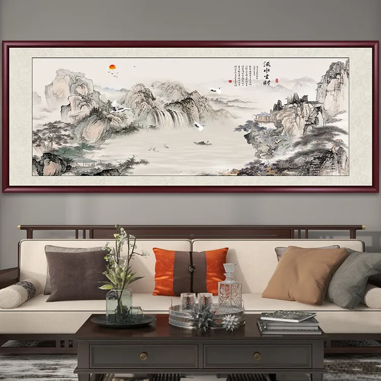 流水生财山水画国画客厅茶室挂画办公室装饰画中式沙发背景墙壁画