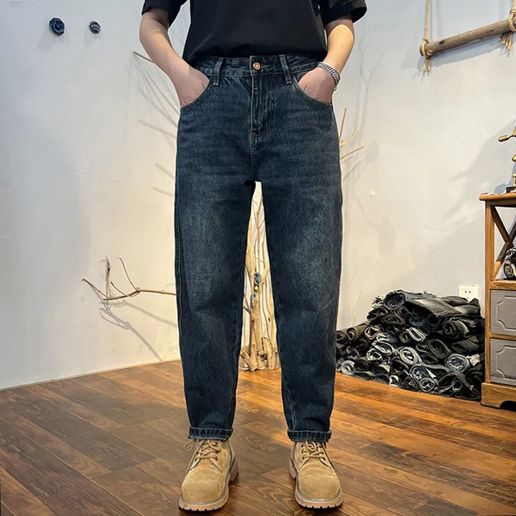 蓝色九分牛仔裤男2025冬季厚款百搭男士高端宽松锥形加绒休闲裤子