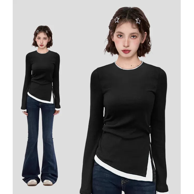 黑色假两件正肩长袖t恤女春秋不规则开叉修身显瘦打底衫上衣早秋
