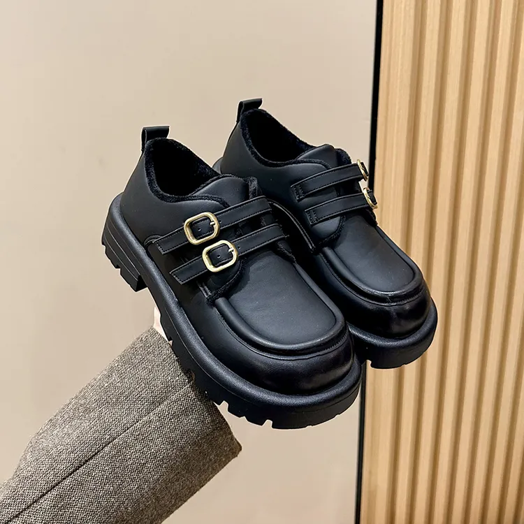 【保暖】秋冬保暖乐福鞋厚底搭扣学院风2024新款爆品英伦风小皮鞋