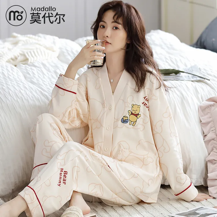 莫代尔睡衣女春秋纯棉长袖长裤新款秋季大码甜美可外穿家居服套装