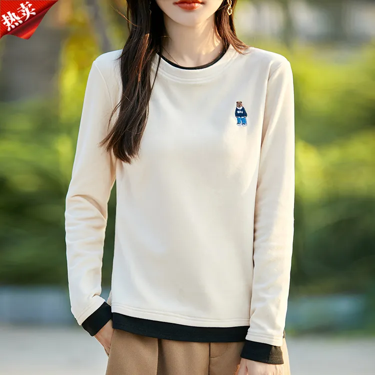 时尚品牌简约刺绣假两件德绒T恤卫衣秋冬保暖女内搭打底绒衫上衣