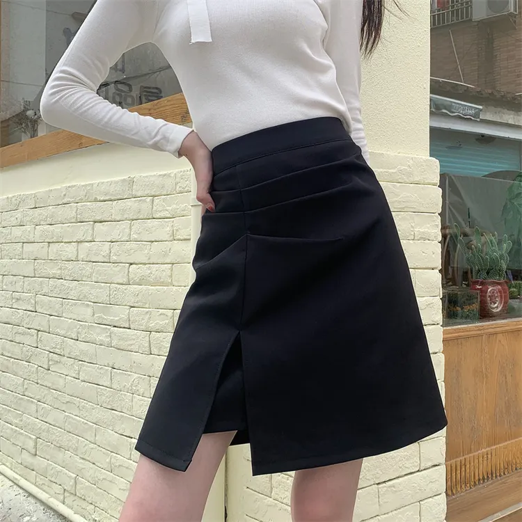 褶皱开叉a字半身裙高腰设计感大码不规则百搭显瘦西装黑色中裙
