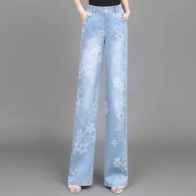 牛仔阔腿裤女2025春夏新款高腰显瘦浮雕印花浅色复古直筒牛仔裤女