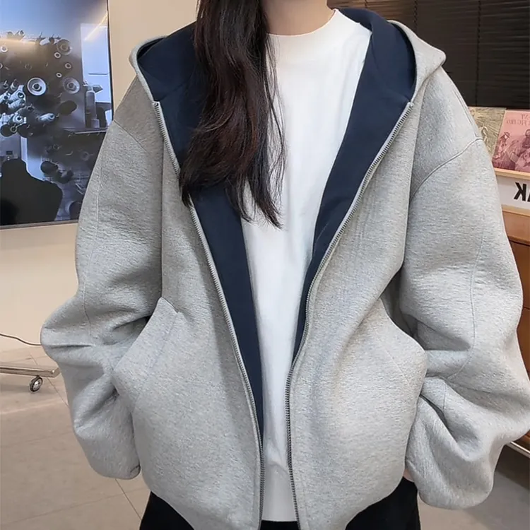 秋冬季加厚连帽卫衣男撞色厚款1000克宽松廓形双拉链开衫潮流上衣